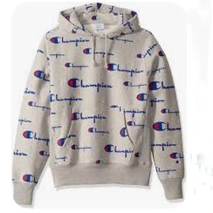 Champion Gray All Over Logo Pullover Hoodie Kangaroo Pocket-XL